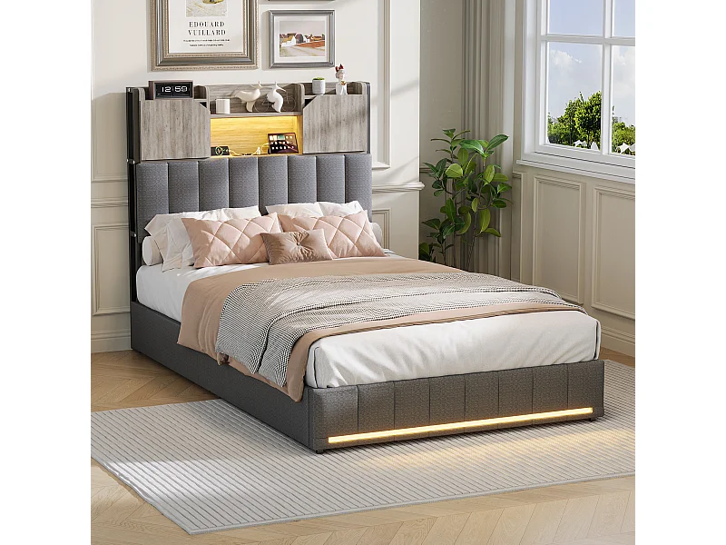 90 x 200 cm großes Bett mit Schubladen, gepolstertes Einzelbett mit Lattenrost, LED-Beleuchtung und USB-Anschluss, Leinen, Grau