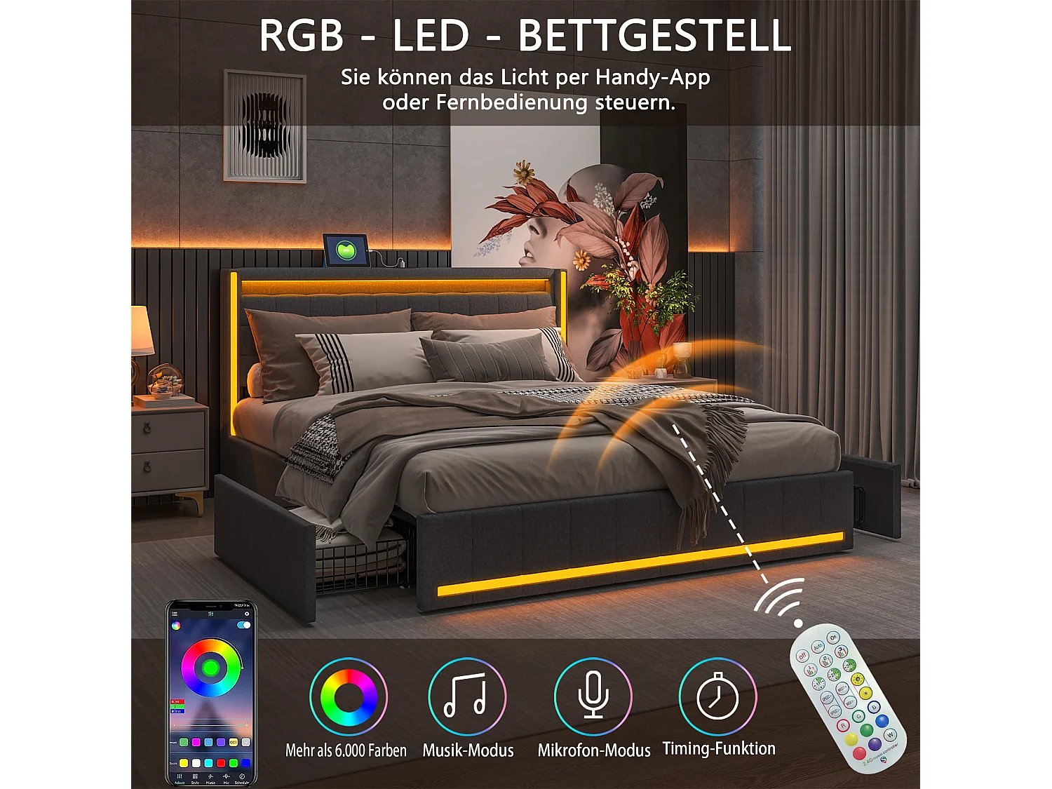 Letto matrimoniale 180 x 200 cm, letto con cassetto con LED e USB, letto imbottito con rete a doghe, lino, grigio