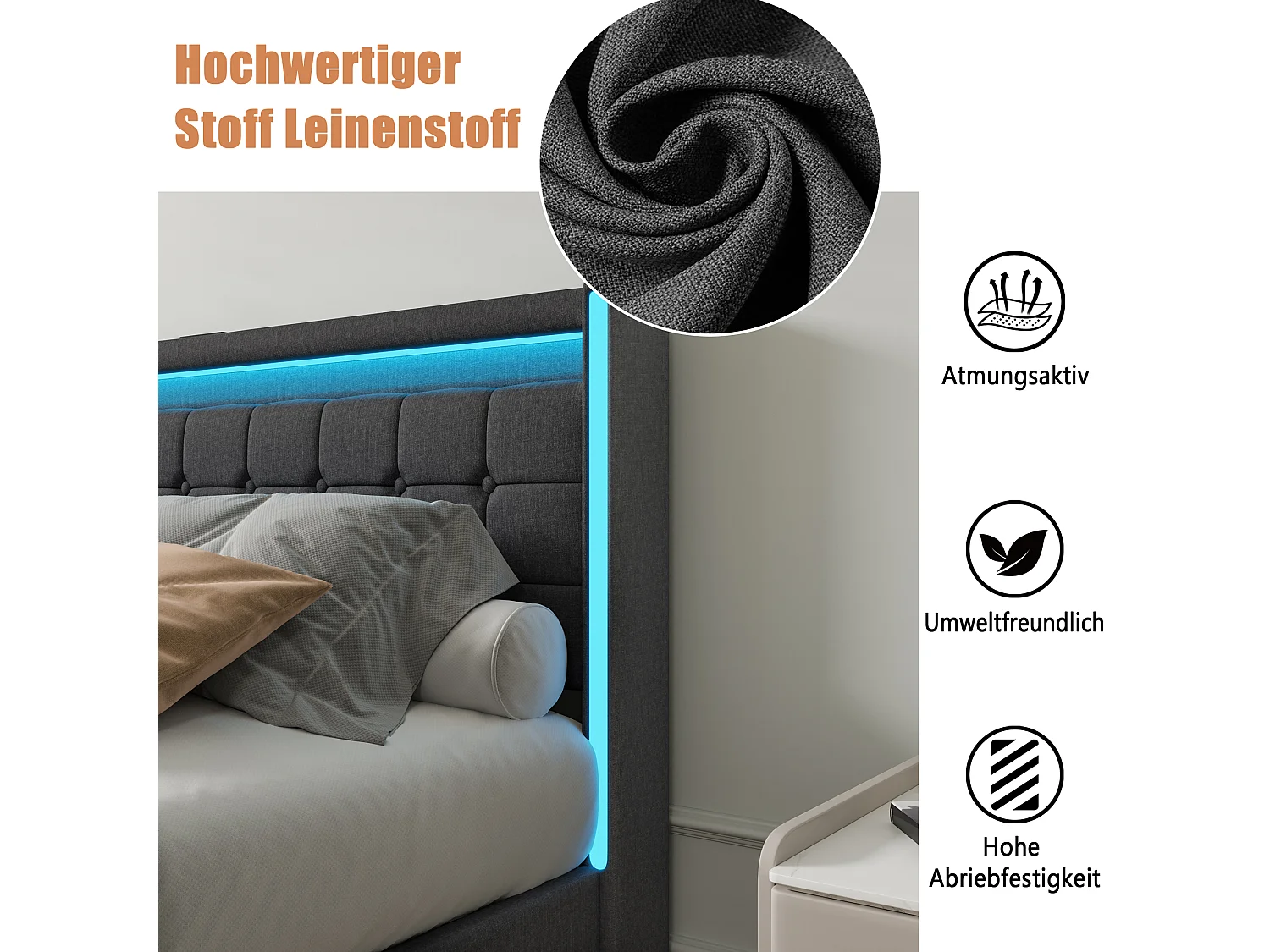 Letto matrimoniale 180 x 200 cm, letto con cassetto con LED e USB, letto imbottito con rete a doghe, lino, grigio