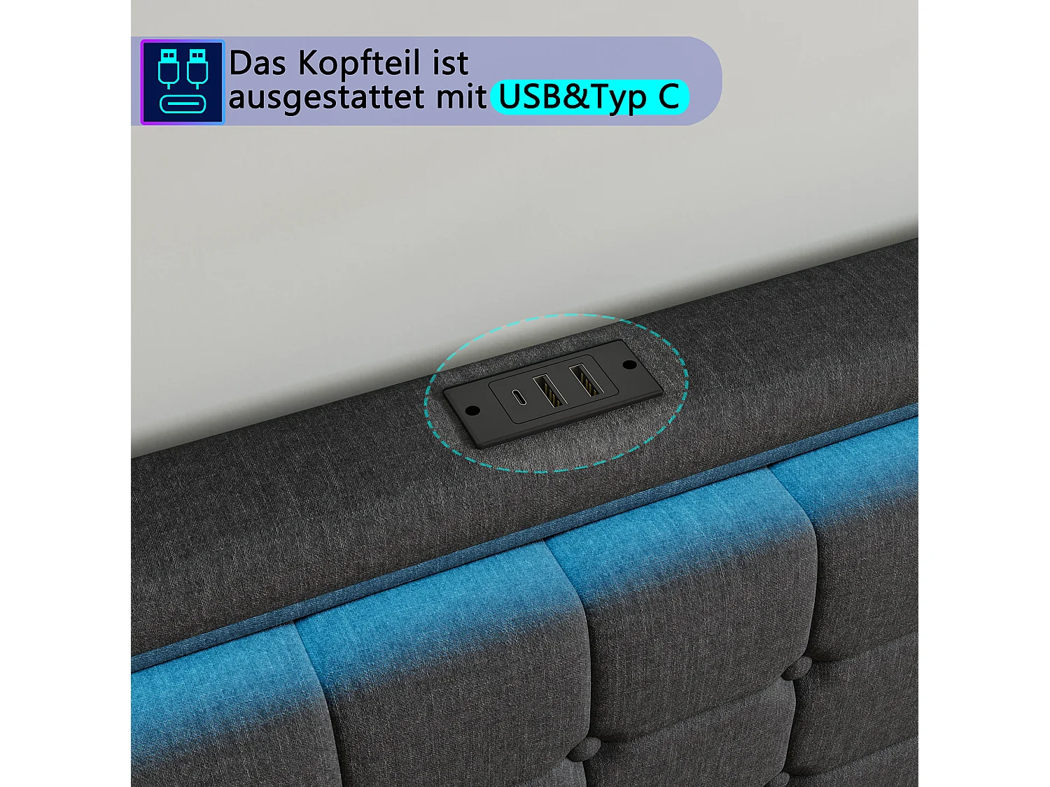 Letto matrimoniale 180 x 200 cm, letto con cassetto con LED e USB, letto imbottito con rete a doghe, lino, grigio