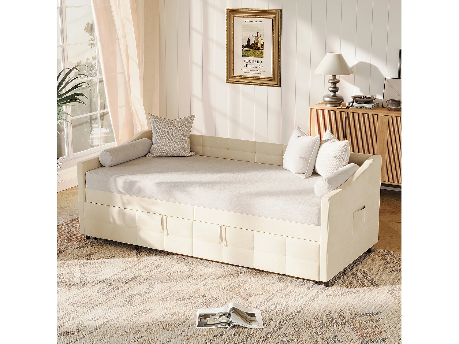 Canapé-lit amovible en velours avec poches latérales, canapé moderne 2 places, crème,90/180 x 200 cm