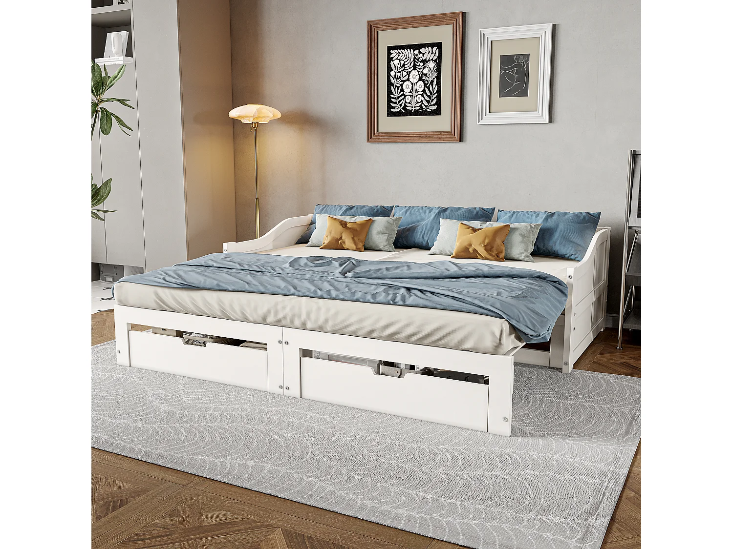 Divano letto 90/180 x 200 cm con 2 cassetti, letto singolo e matrimoniale estensibile, soggiorno, bianco