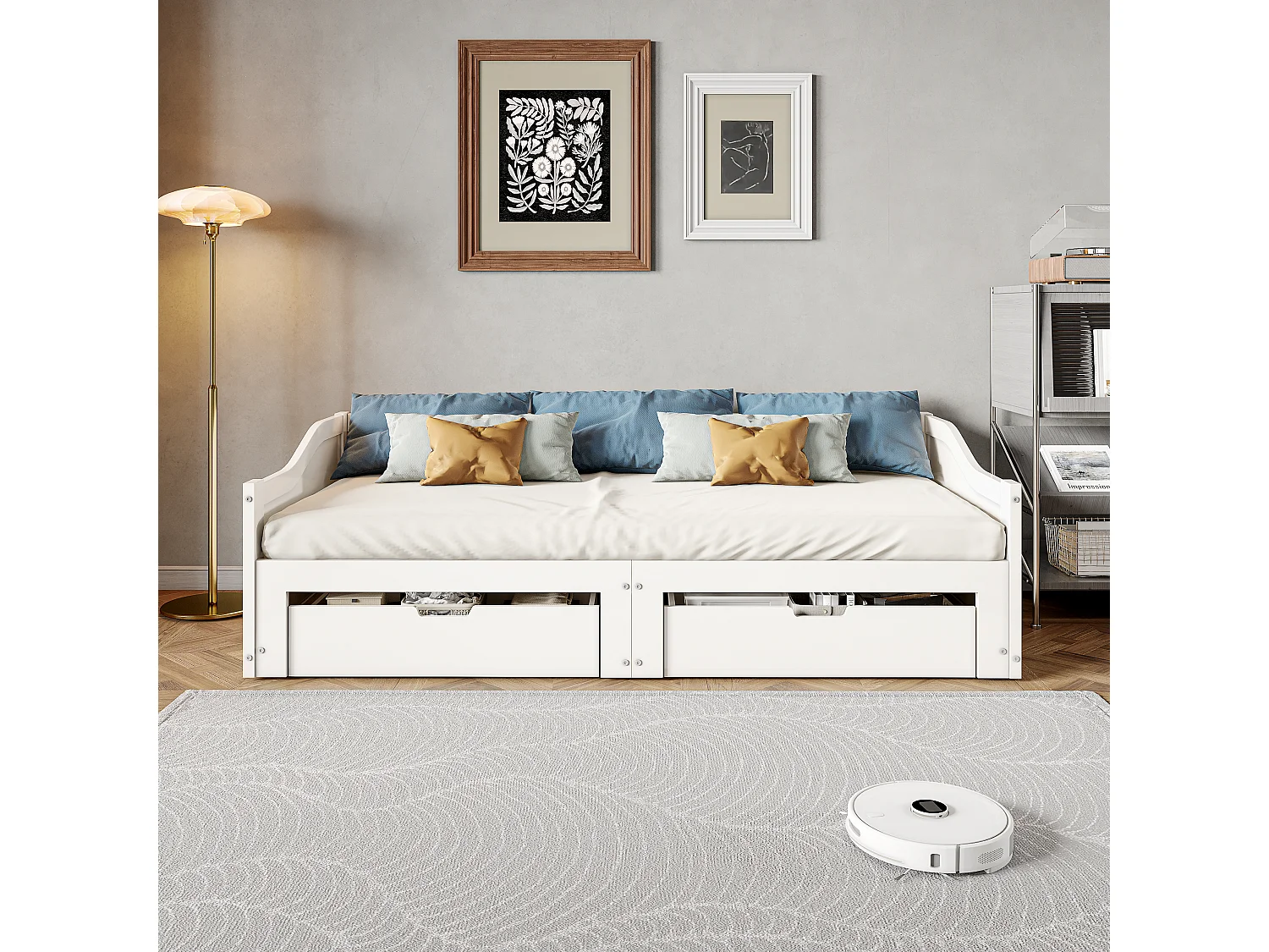Divano letto 90/180 x 200 cm con 2 cassetti, letto singolo e matrimoniale estensibile, soggiorno, bianco