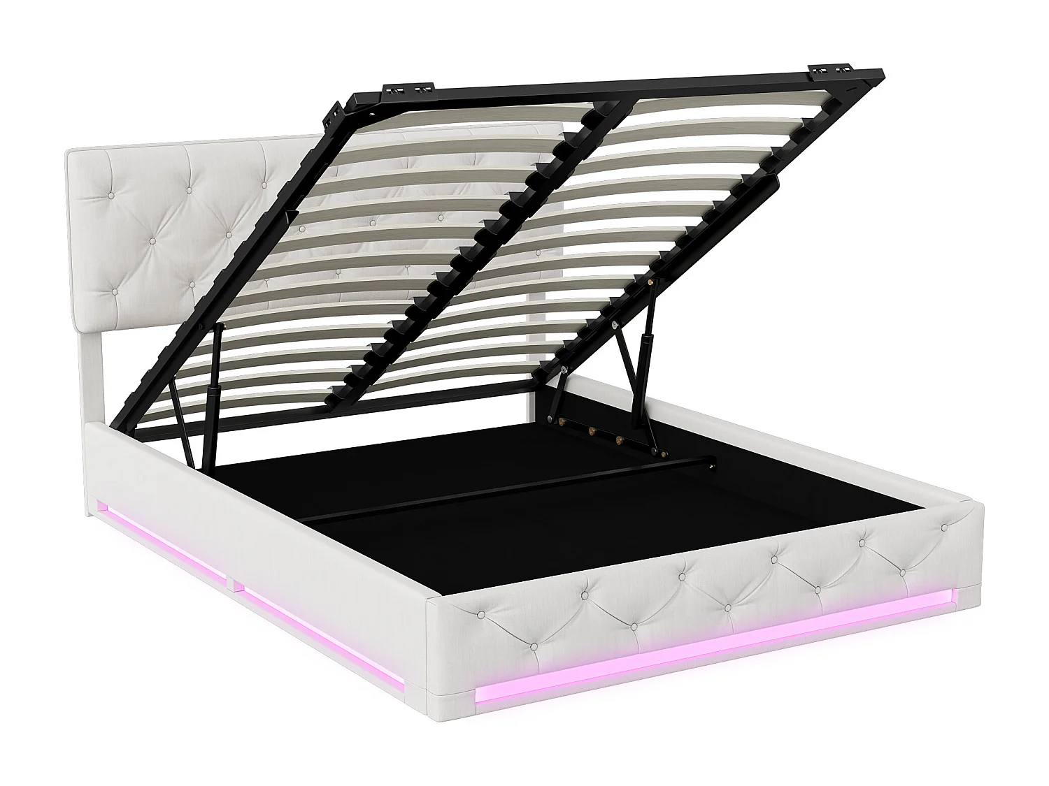 Bed met opbergruimte 160x200 cm, tweepersoonsbed met ledverlichting, springbed met lattenbodem, linnen, beige