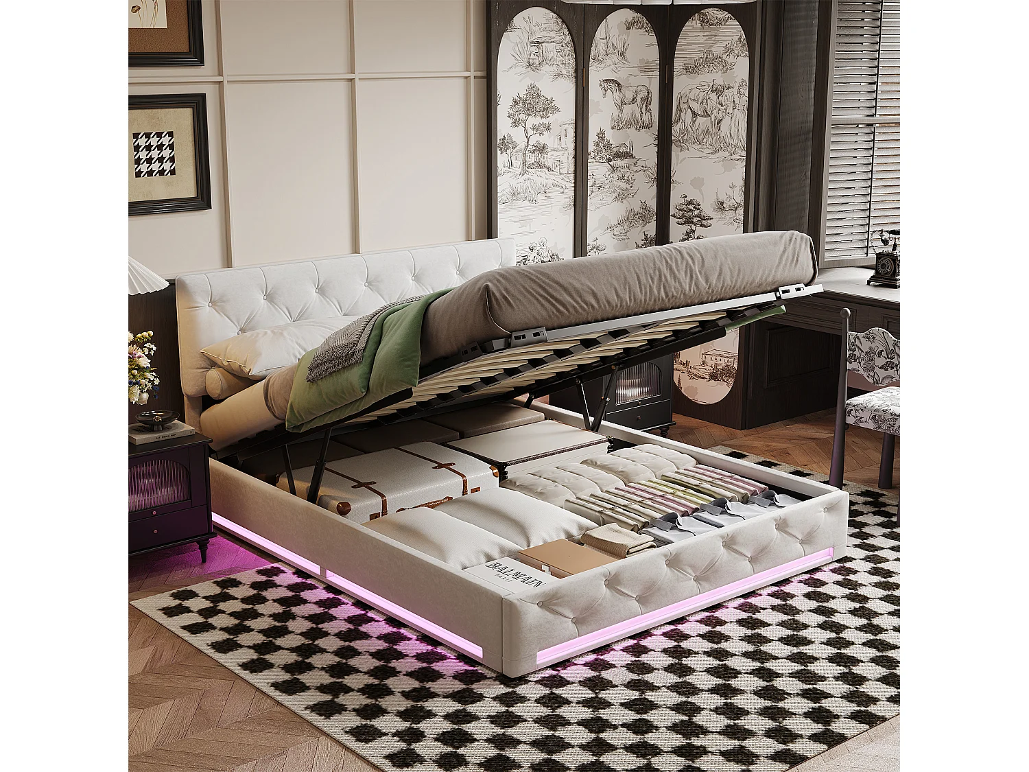 Letto con contenitore 160x200 cm, letto matrimoniale con illuminazione a LED, letto a molle con rete a doghe, lino, beige