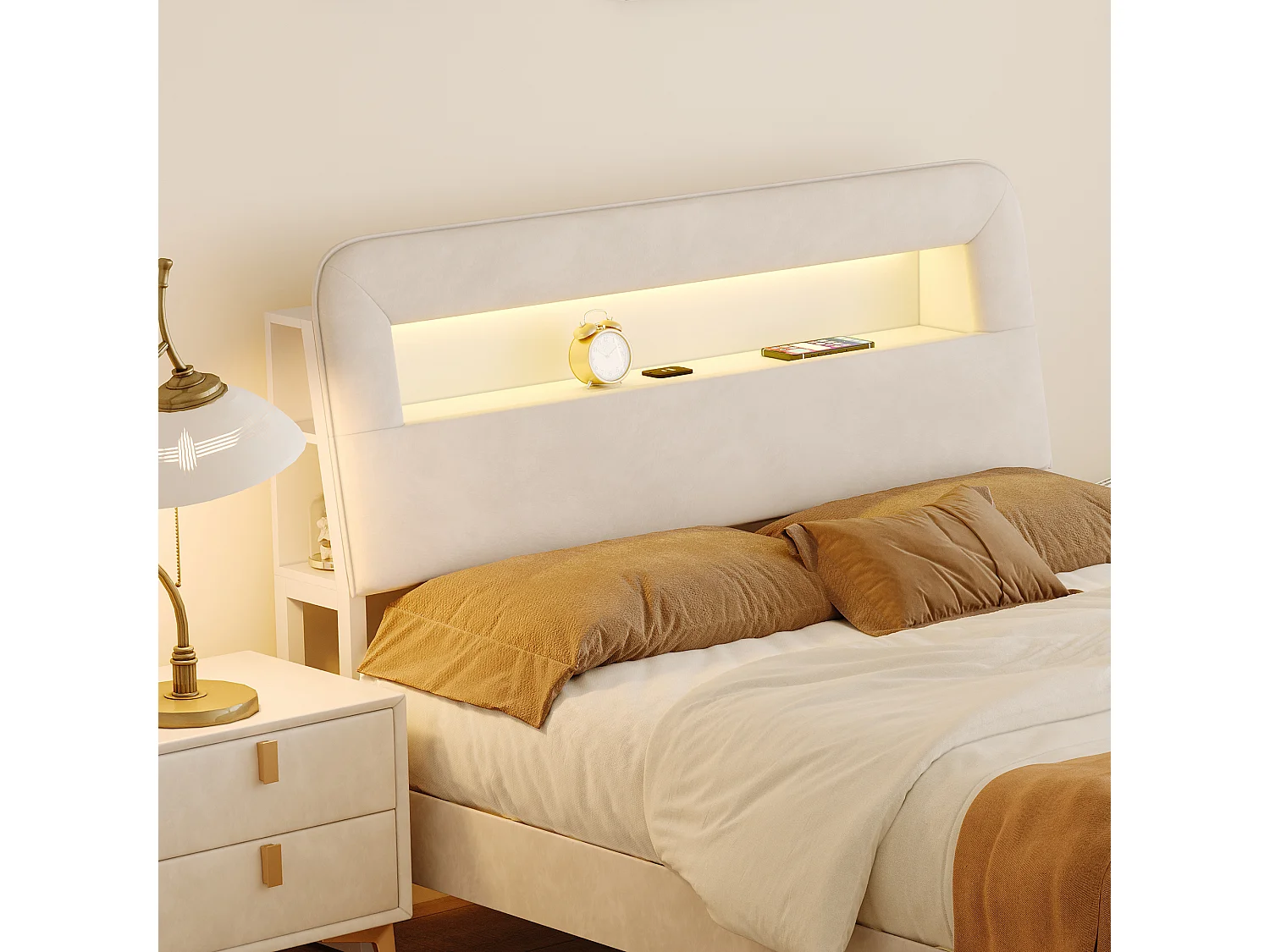 Lit Beige, Sommier 140×200, Tête de lit Rangement, Lit Double avec LED et Port de USB, Deux tiroirs