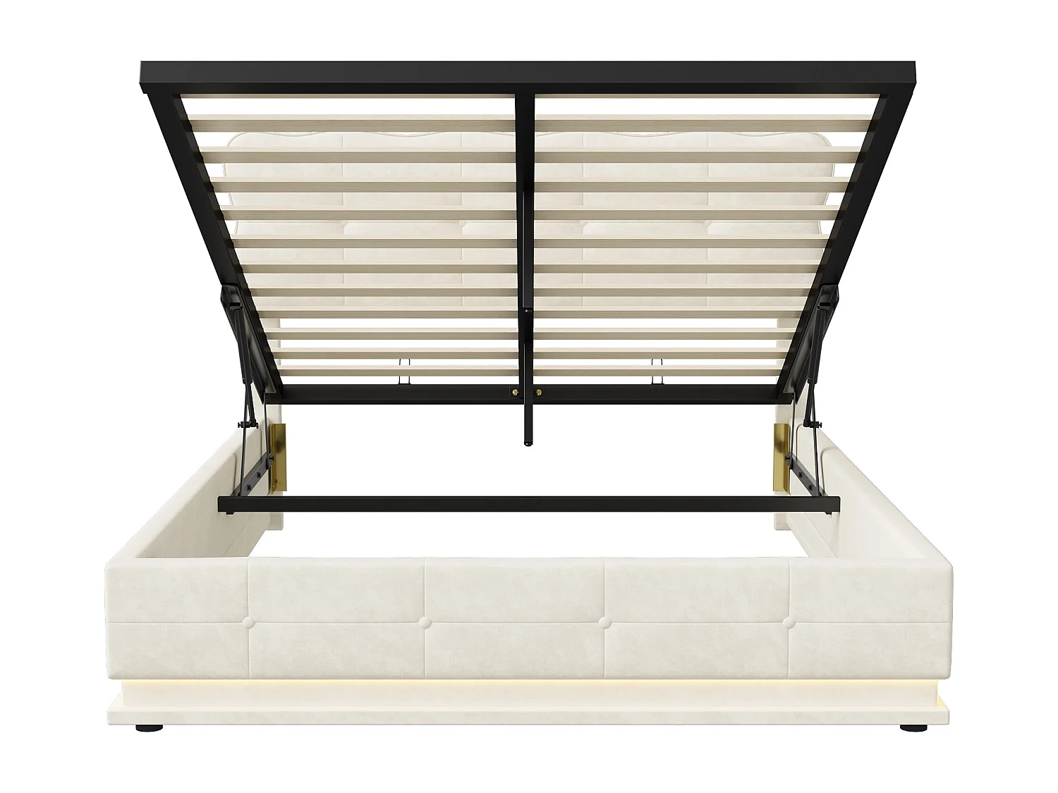 Bed van 140 x 200 cm met opbergruimte onder de lattenbodem, ledverlichting, lattenbodem, matras niet inbegrepen, fluweel, beige