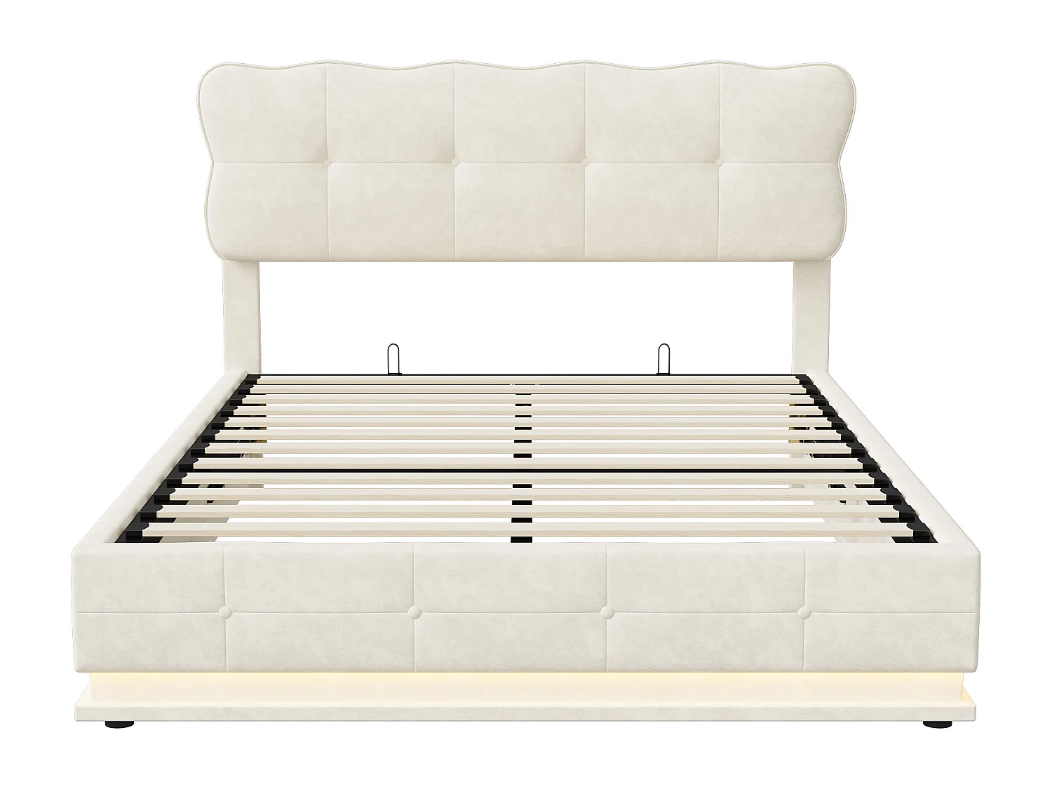 Bed van 140 x 200 cm met opbergruimte onder de lattenbodem, ledverlichting, lattenbodem, matras niet inbegrepen, fluweel, beige