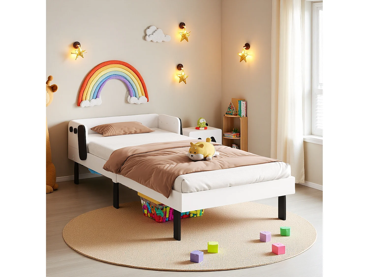 Lit Enfants 90 x 200 cm, lit Simple avec sommier à Lattes et Protection Anti-Chute, Cadre de lit avec tête de lit, en Bois de pin, Blanc