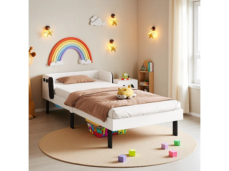 Lit Enfants 90 x 200 cm, lit Simple avec sommier à Lattes et Protection Anti-Chute, Cadre de lit avec tête de lit, en Bois de pin, Blanc