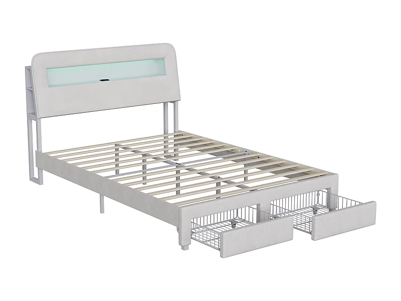 Lit Beige, Sommier 160×200, Tête de lit Rangement, Lit Double avec LED et Port de USB, Deux tiroirs