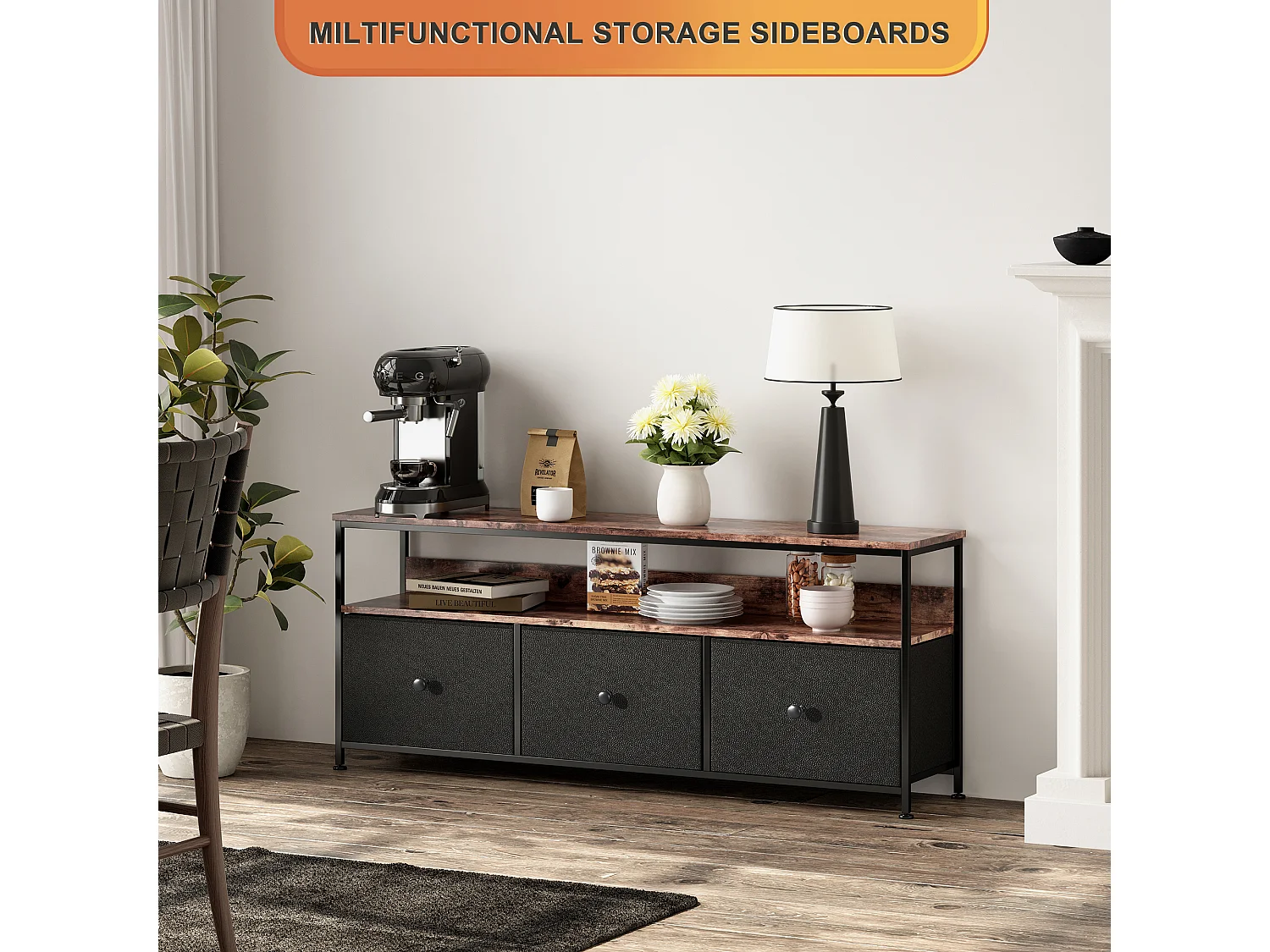 Meuble TV avec LED, avec 3 tiroirs - compartiments ouverts - pour salon - Noir, 108 x 29,8 x 57 cm