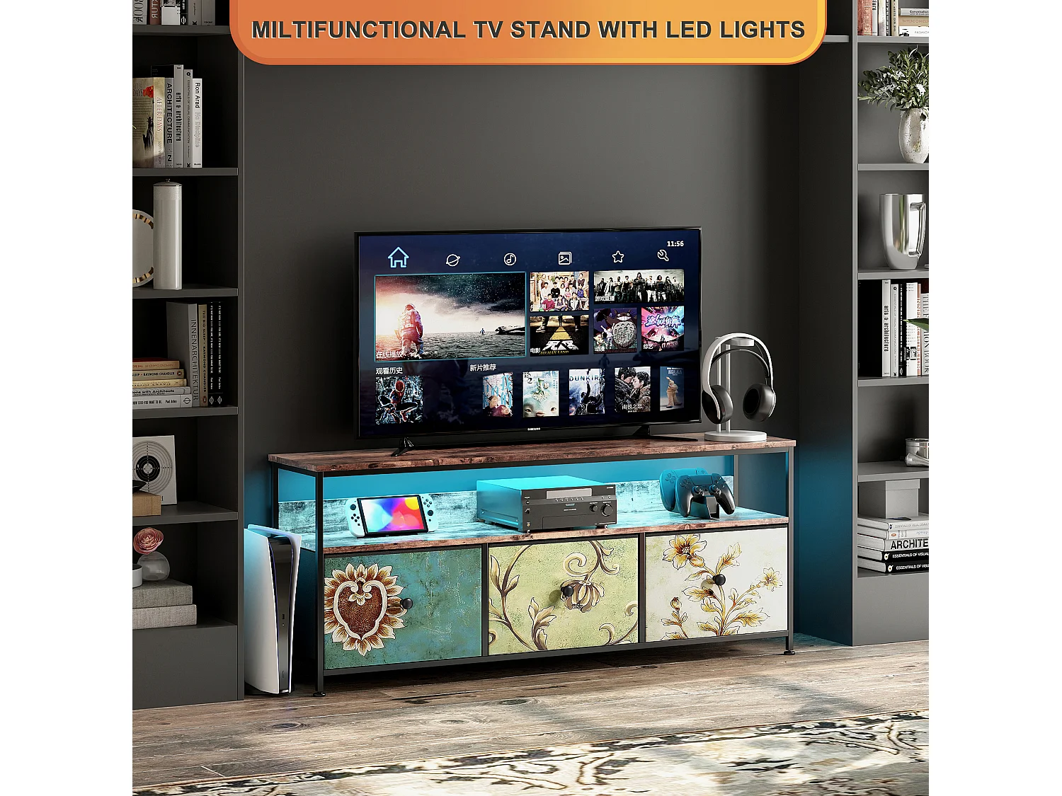 Meuble TV avec LED, avec 3 tiroirs - compartiments ouverts - pour salon, Colorée, 108 x 29,8 x 57 cm