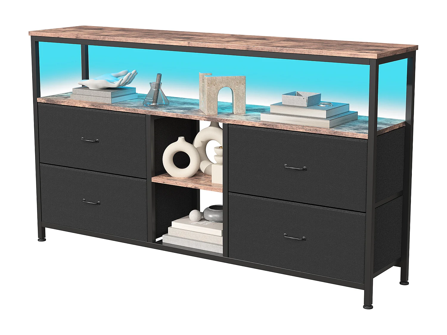 Meuble TV, Armature métallique, avec Armoires, Tiroirs et Étagères,Chambre, noir, 137x78x30cm