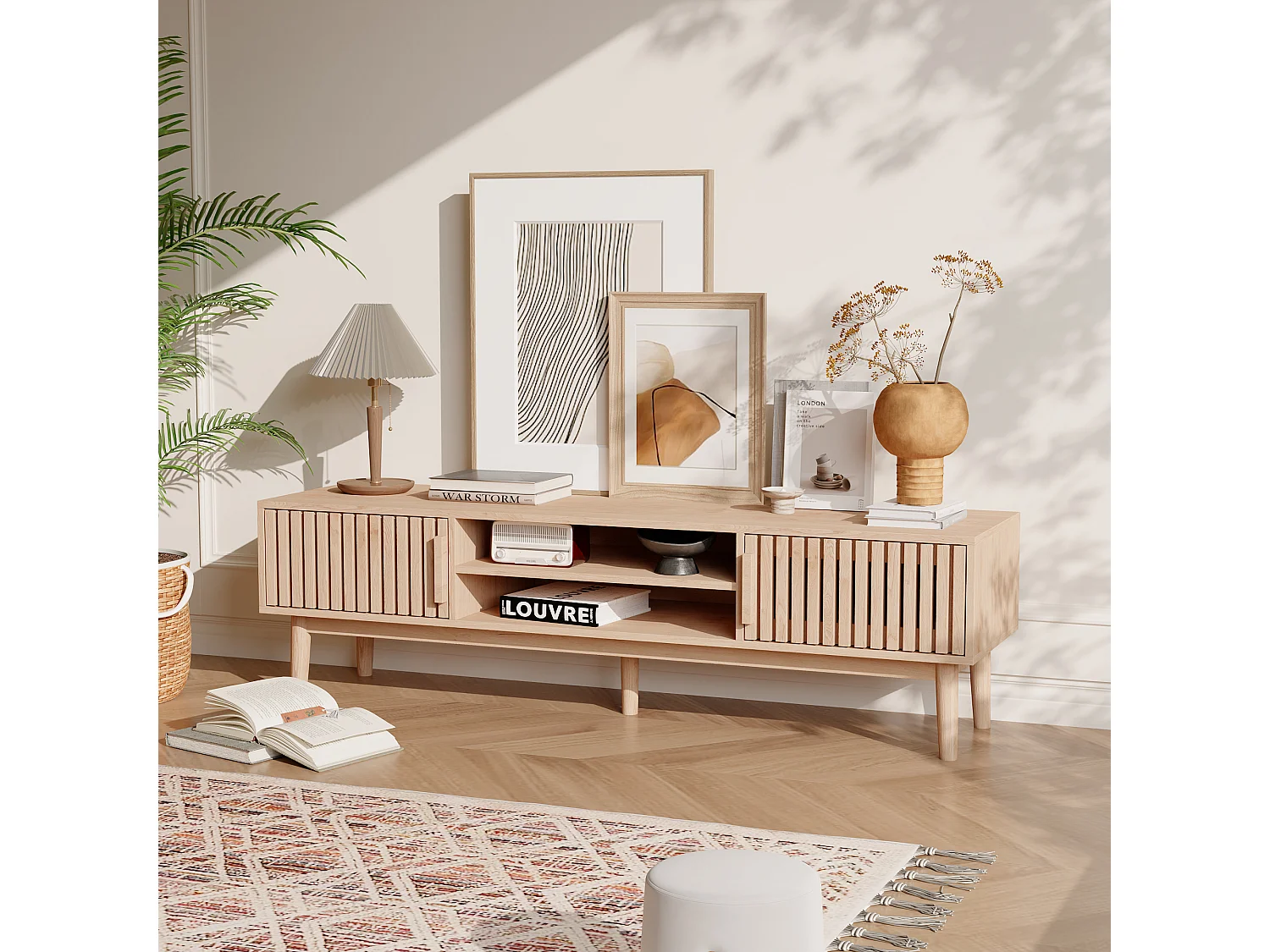 Laag houten tv-meubel met 2 deuren en 2 planken, met opbergruimte, voor woonkamer of slaapkamer, naturel