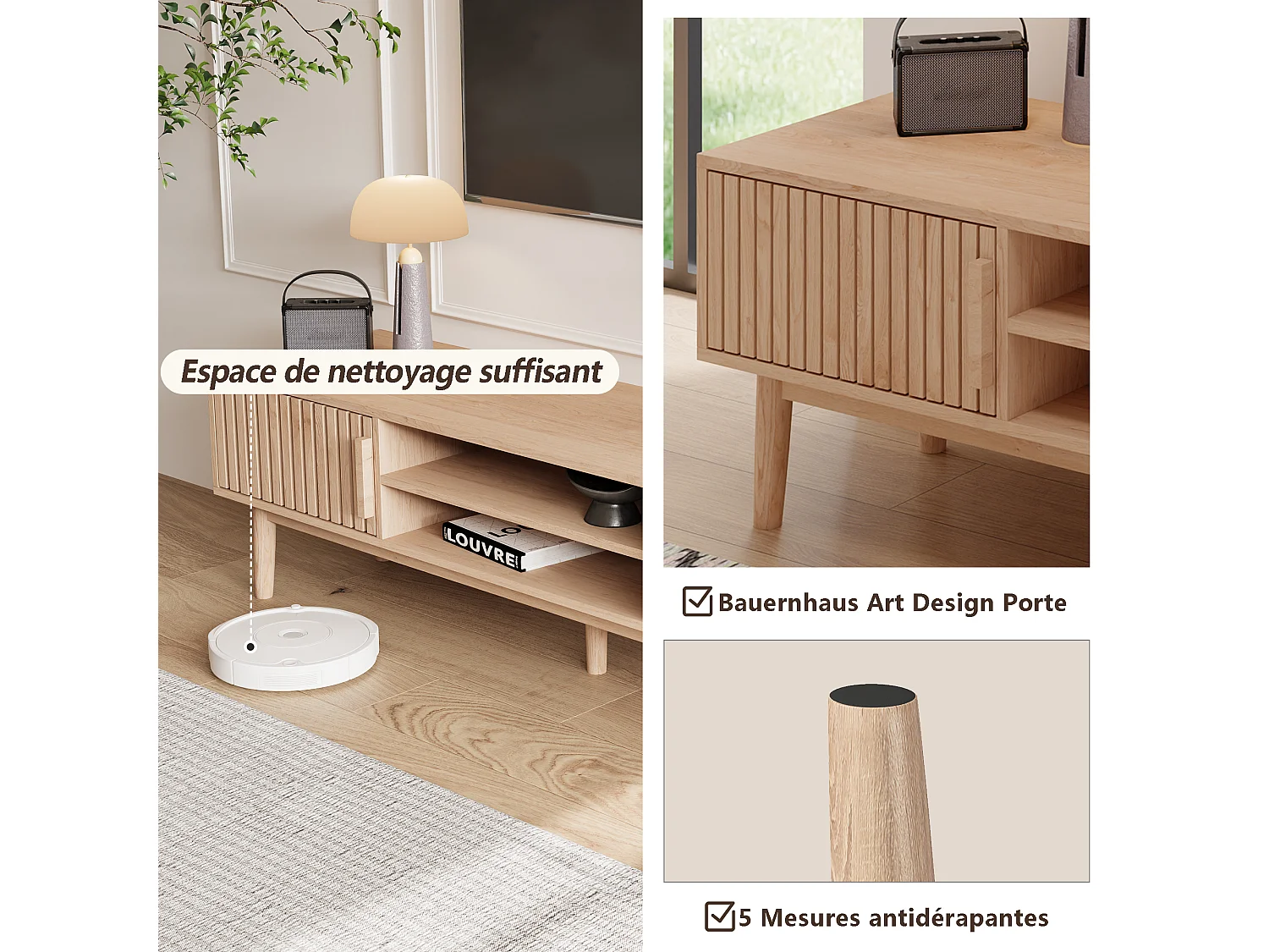 Laag houten tv-meubel met 2 deuren en 2 planken, met opbergruimte, voor woonkamer of slaapkamer, naturel