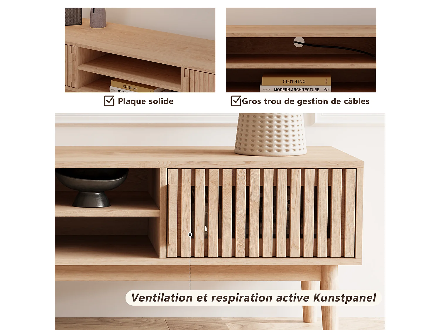 Laag houten tv-meubel met 2 deuren en 2 planken, met opbergruimte, voor woonkamer of slaapkamer, naturel