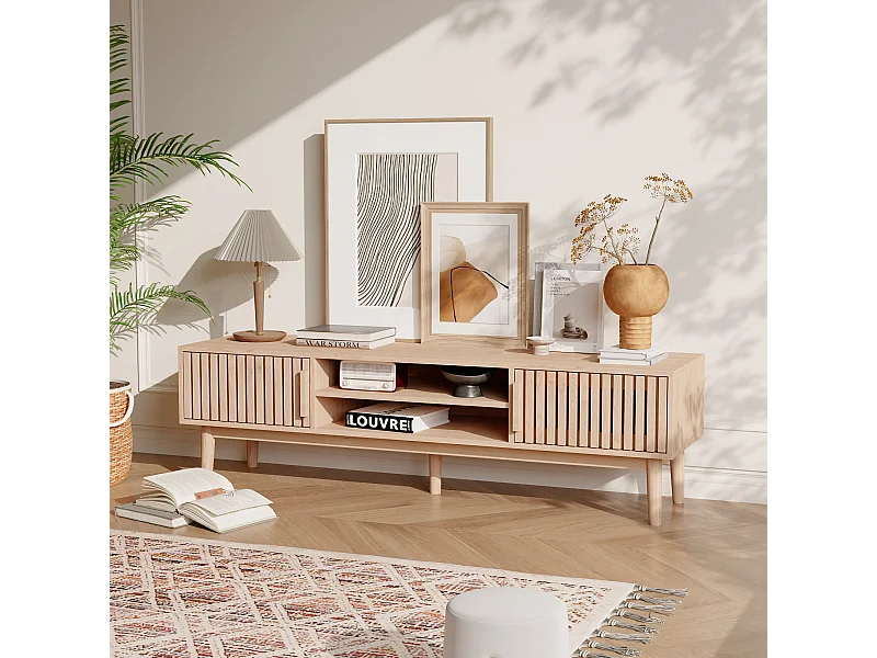 Laag houten tv-meubel met 2 deuren en 2 planken, met opbergruimte, voor woonkamer of slaapkamer, naturel