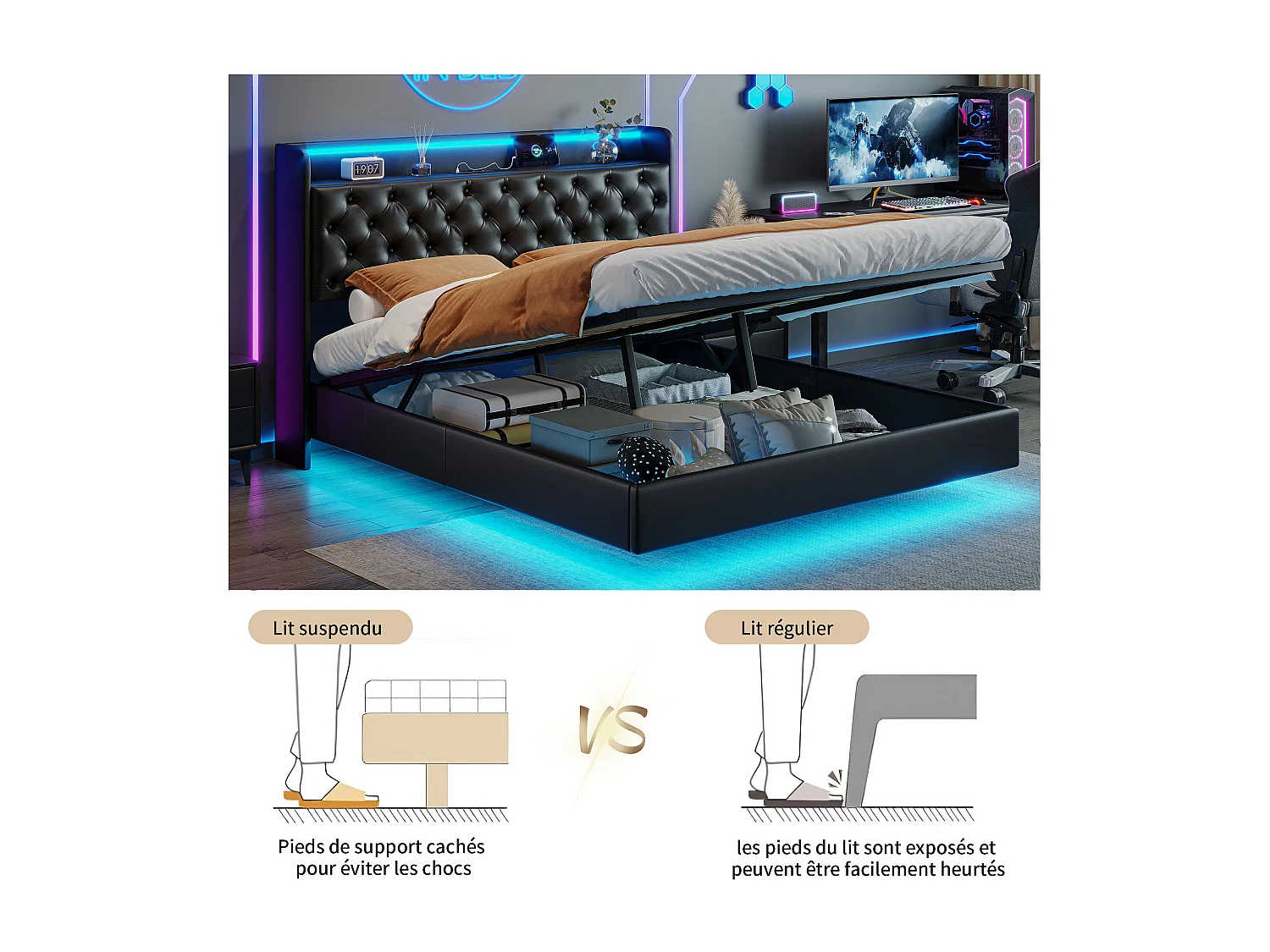 Lit Coffre 160x200 cm avec LED et Port USB, Lits 2 Personnes avec sommier à Lattes, PU, Noir