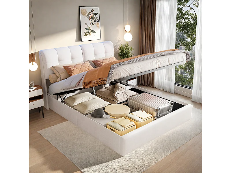 Lit double 140 x 200 cm, LED avec rangement et chargeur, lits tapissés avec espace de rangement, tête de lit en velours, sans matelas, beige