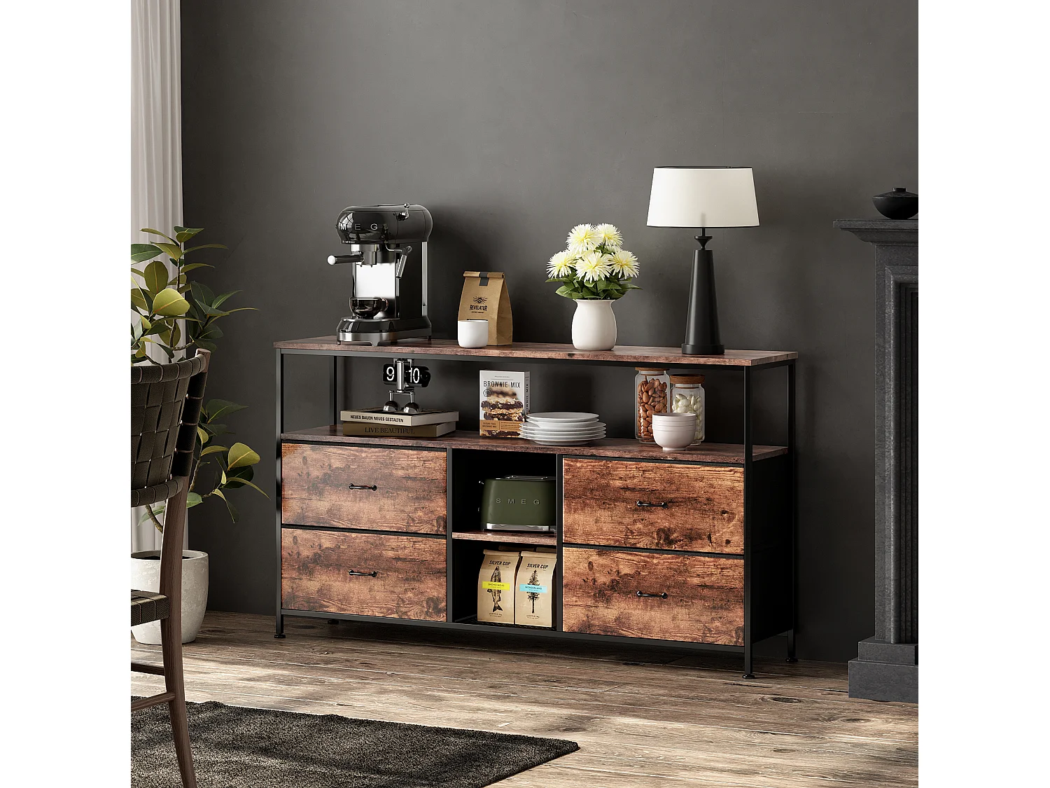 Meuble TV LED, 108 cm Table TV, avec Tiroir en Tissu,Table de Télévision Salon avec Rangement,Marron