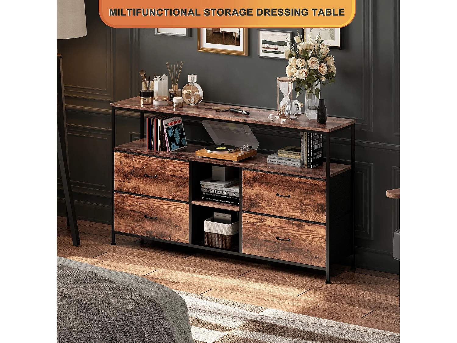 Meuble TV LED, 108 cm Table TV, avec Tiroir en Tissu,Table de Télévision Salon avec Rangement,Marron