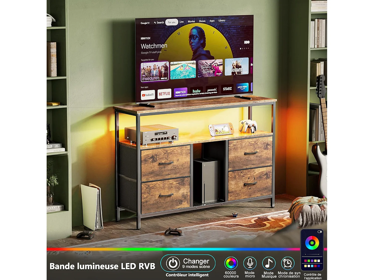 Mobile TV LED, tavolo TV da 108 cm, con cassetto in tessuto, mobile TV per soggiorno con contenitore, marrone