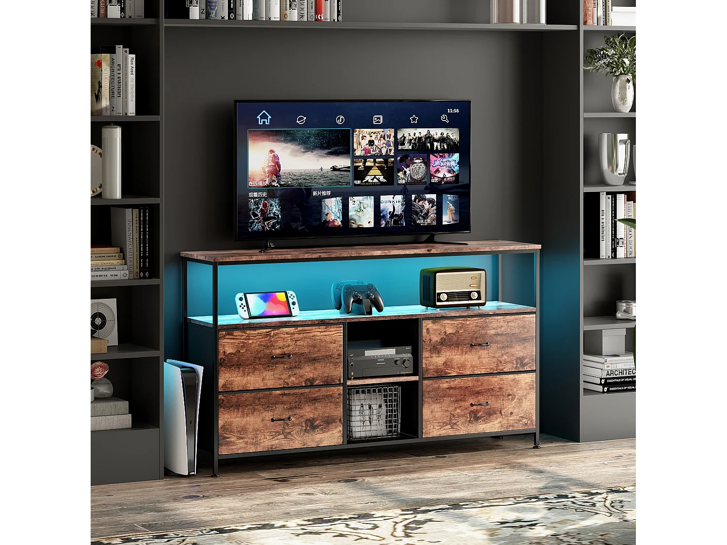Mobile TV LED, tavolo TV da 108 cm, con cassetto in tessuto, mobile TV per soggiorno con contenitore, marrone