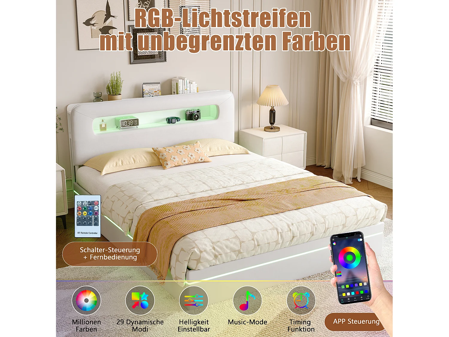 Lit Coffre 160 x 200 cm avec LED, avec sommier à Lattes et Rangement, avec Étagère, Velours, Beige