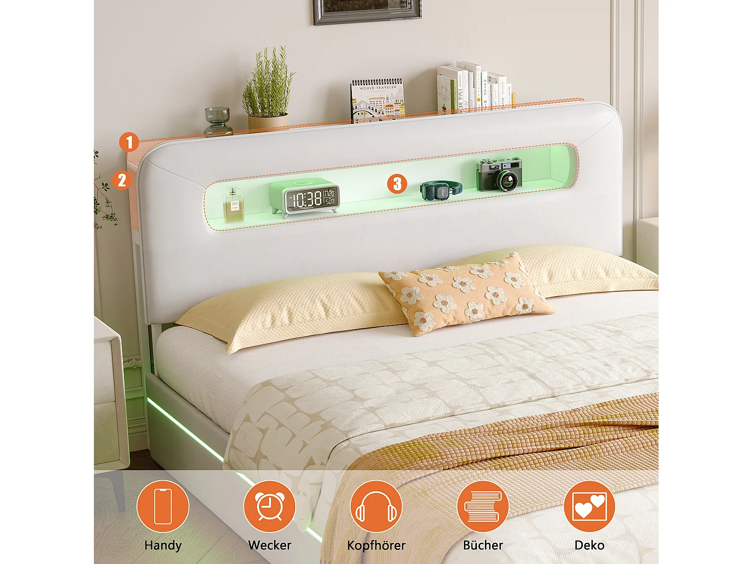 Lit Coffre 160 x 200 cm avec LED, avec sommier à Lattes et Rangement, avec Étagère, Velours, Beige