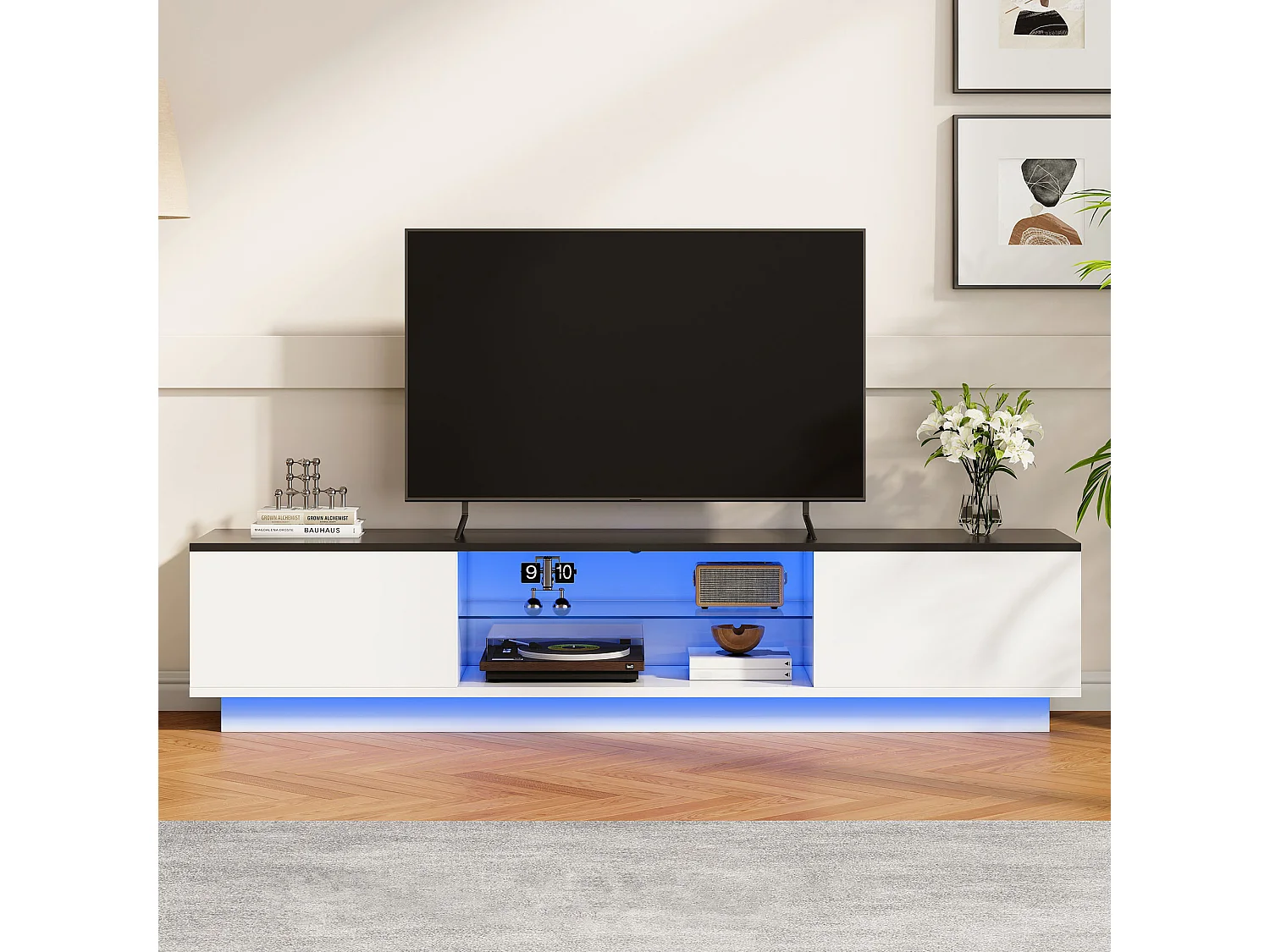 Meuble TV LED, Banc TV Moderne en Bois avec 2 Compartiments de Rangement, Blanc, 160 x 32 x 35 cm