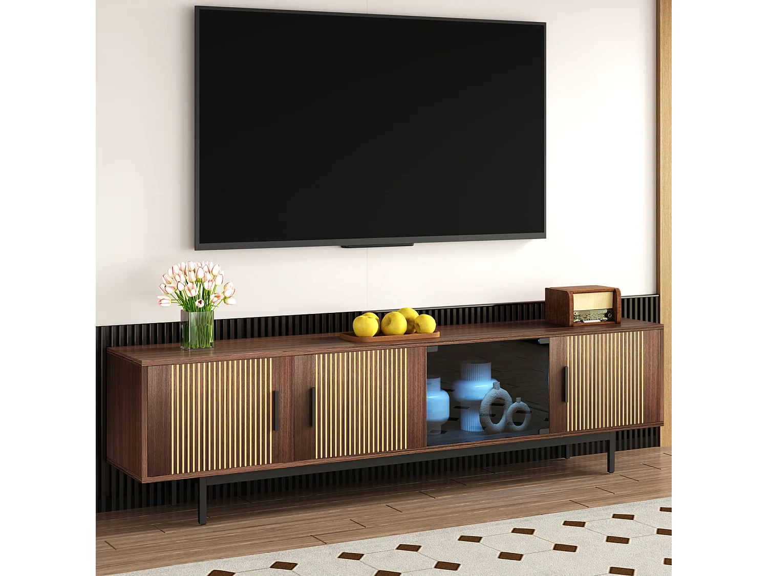 Mueble de TV de 200 cm, moderno mueble de TV con iluminación LED, 3 puertas a rayas y 1 puerta de cristal, estructura de metal.