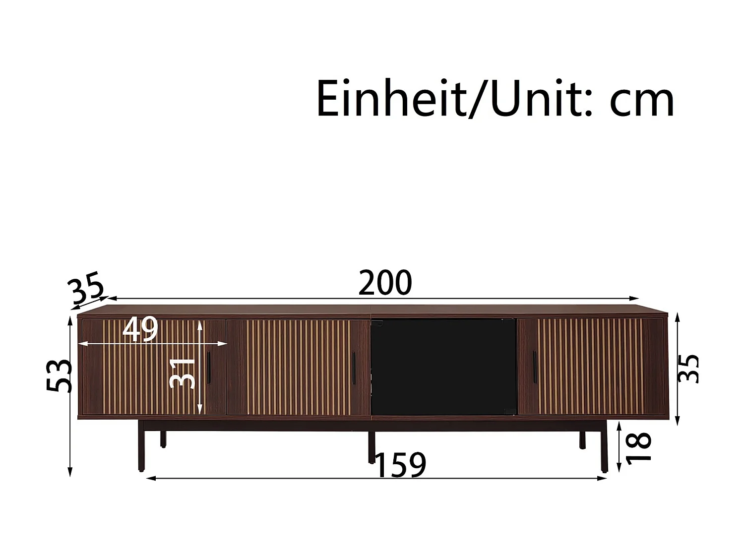Mueble de TV de 200 cm, moderno mueble de TV con iluminación LED, 3 puertas a rayas y 1 puerta de cristal, estructura de metal.