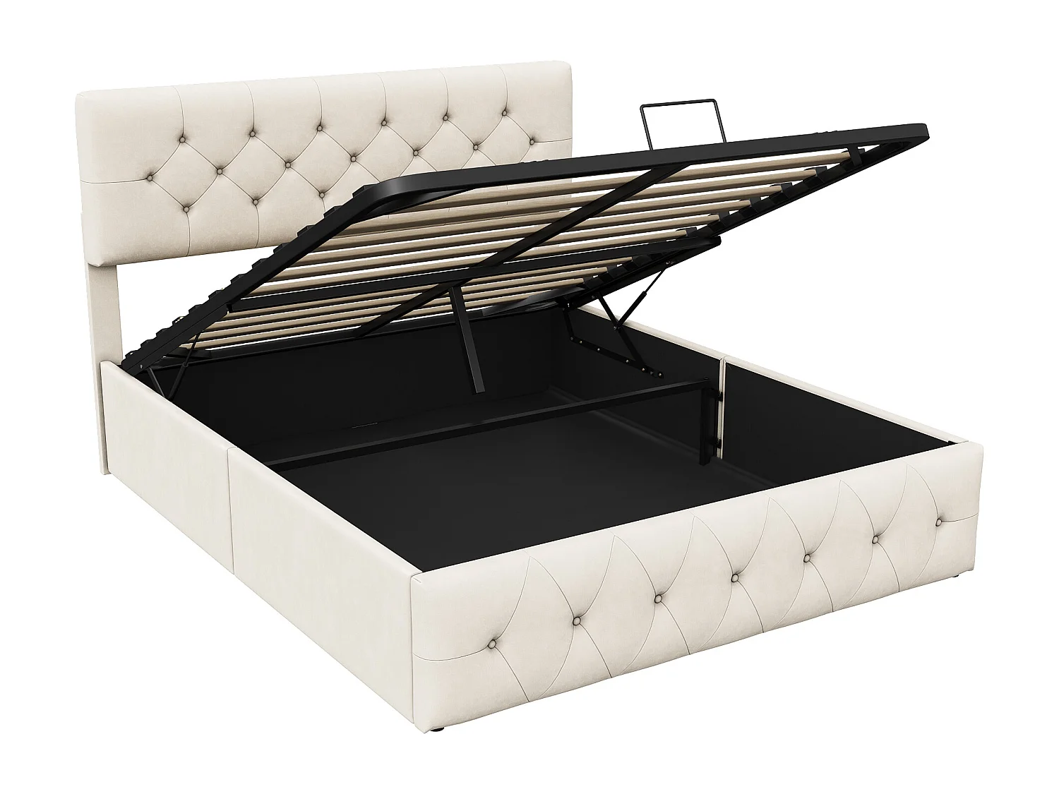 Lit rembourré 160 x 200 cm, Lit Double avec Rangement sous Lit, sommier à Lattes en métal, Beige