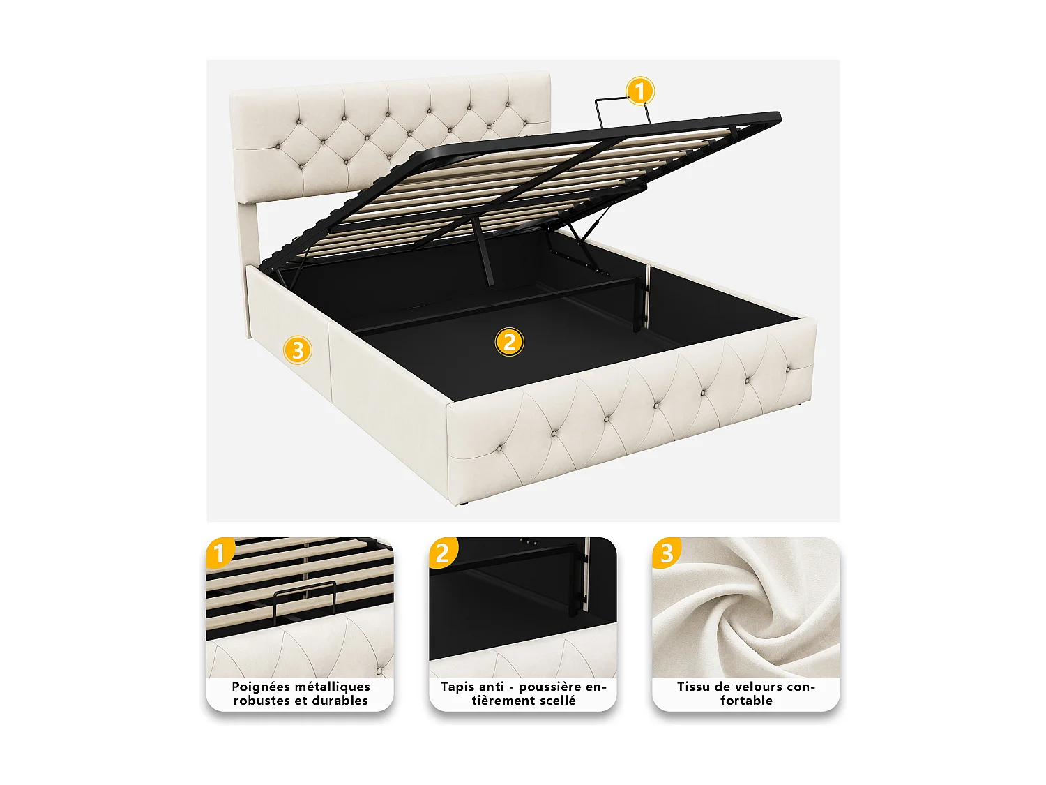 Lit rembourré 160 x 200 cm, Lit Double avec Rangement sous Lit, sommier à Lattes en métal, Beige