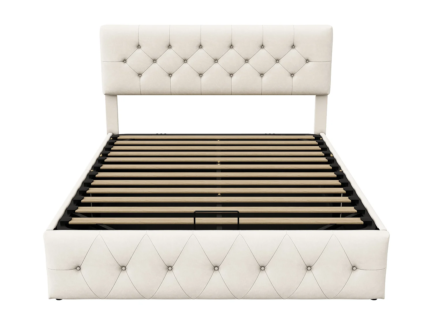 Lit rembourré 160 x 200 cm, Lit Double avec Rangement sous Lit, sommier à Lattes en métal, Beige