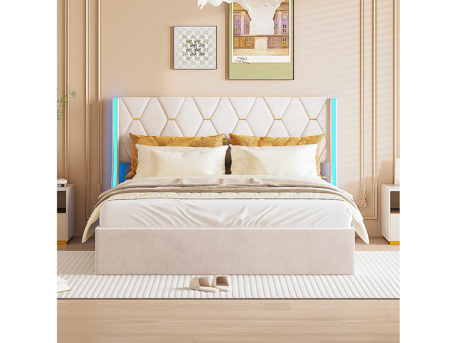 Gestoffeerd bed 140x200 met ledverlichting en opbergruimte, gecapitonneerd bed met lattenbodem, fluweel, beige
