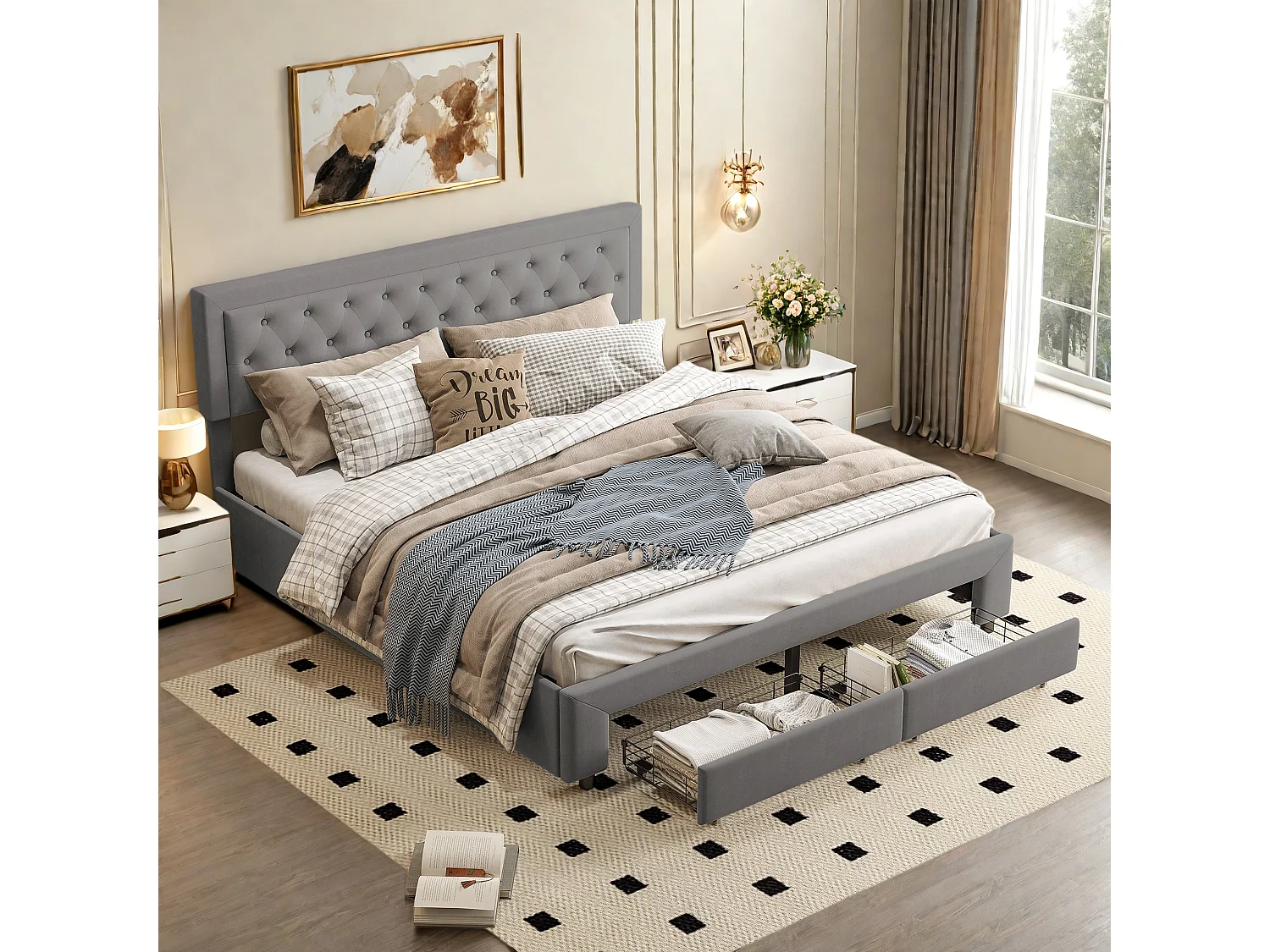 Lit Coffre 160 x 200 cm avec tiroirs et Espace de Rangement, Cadre de Lit avec sommier à Lattes, Fonctionnel hydraulique, tête de lit réglable, Velours, Gris