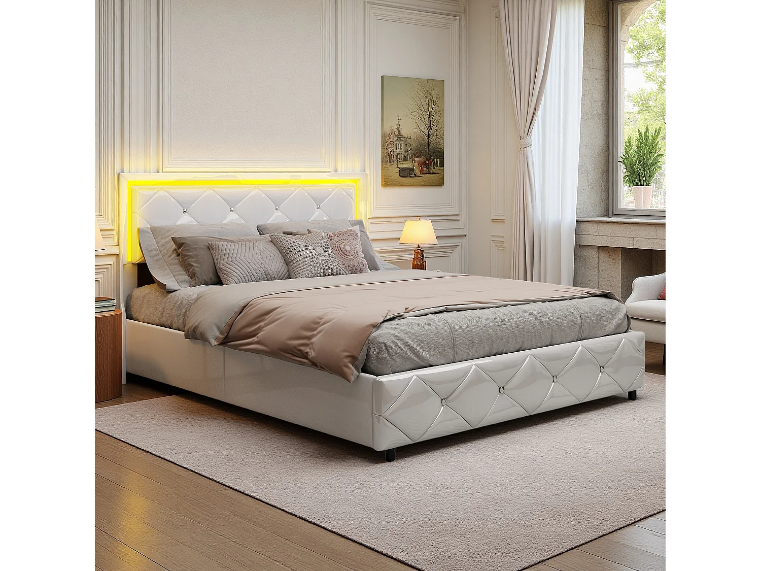 Lit 140x200 cm avec sommier à Lattes et Rangement, Lit Coffre avec Port USB de Type C, Lumière LED, PU, Blanc