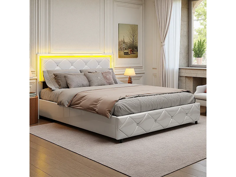 Lit 140x200 cm avec sommier à Lattes et Rangement, Lit Coffre avec Port USB de Type C, Lumière LED, PU, Blanc