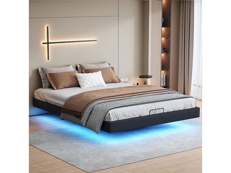 Zwevend bed 160x200 cm met LED, houten lattenbodem en metalen frame, tweepersoonsbed zonder hoofdbord met opbergruimte, zwart