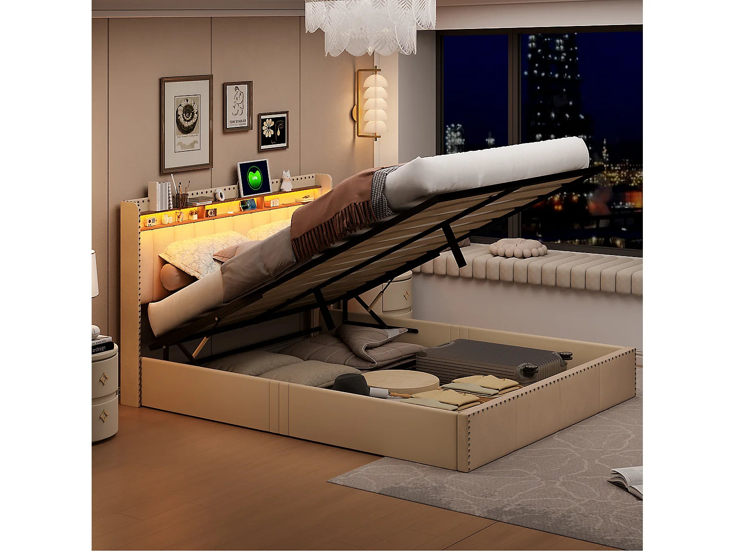 Lit Coffre rembourré 140 x 200 cm, avec LED et USB, Cadre avec Clous Décoratifs en Métal, Beige