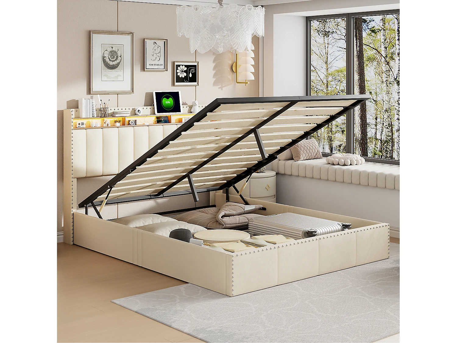 Lit Coffre rembourré 140 x 200 cm, avec LED et USB, Cadre avec Clous Décoratifs en Métal, Beige