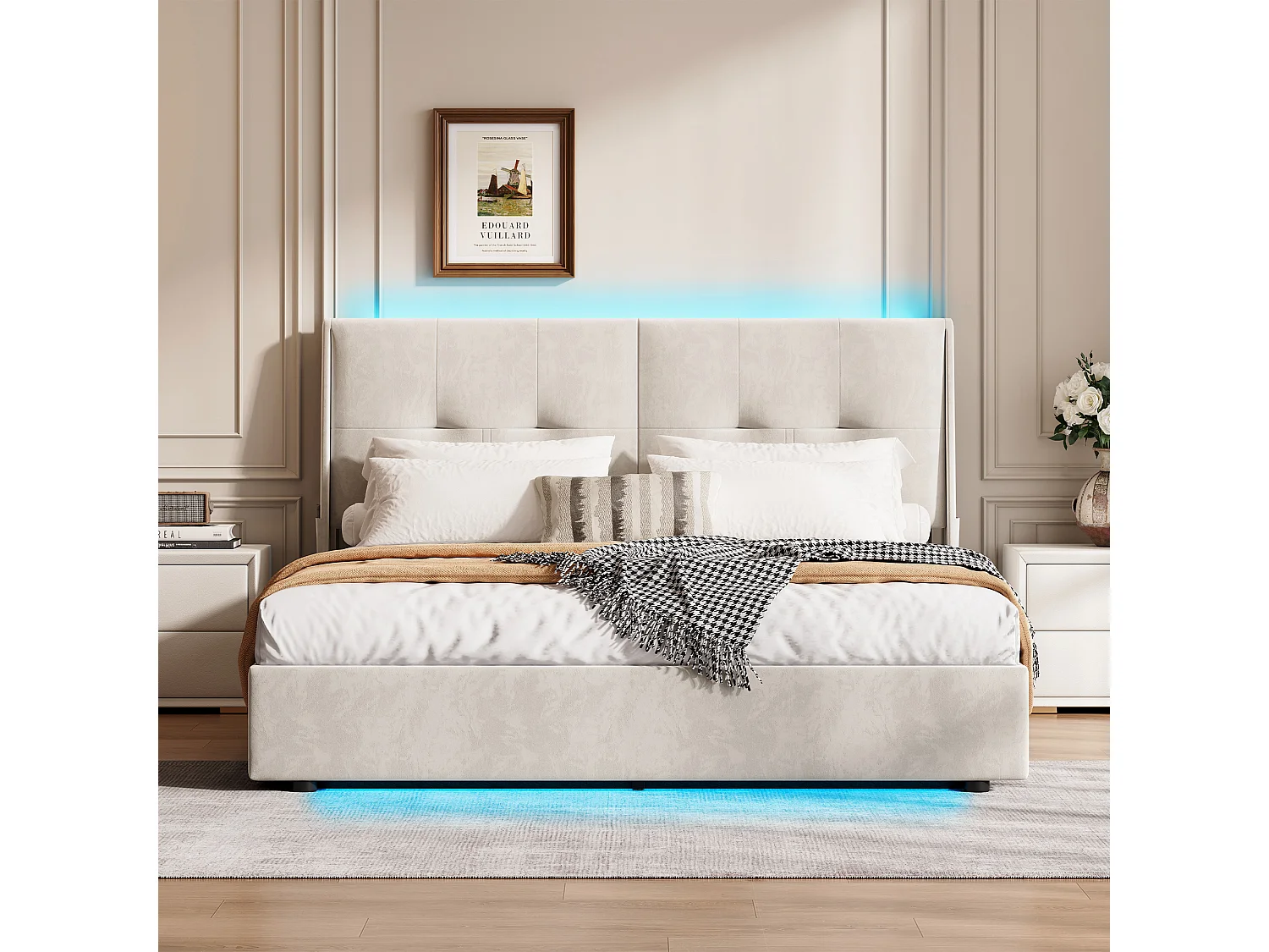 Cama estofada de casal 160 x 200 cm com luzes LED sob a cama, bege.