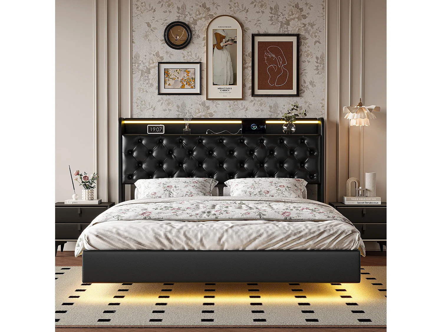 Lit Coffre 140x200 cm avec LED et Port USB, Lits 2 Personnes avec sommier à Lattes, PU, Noir