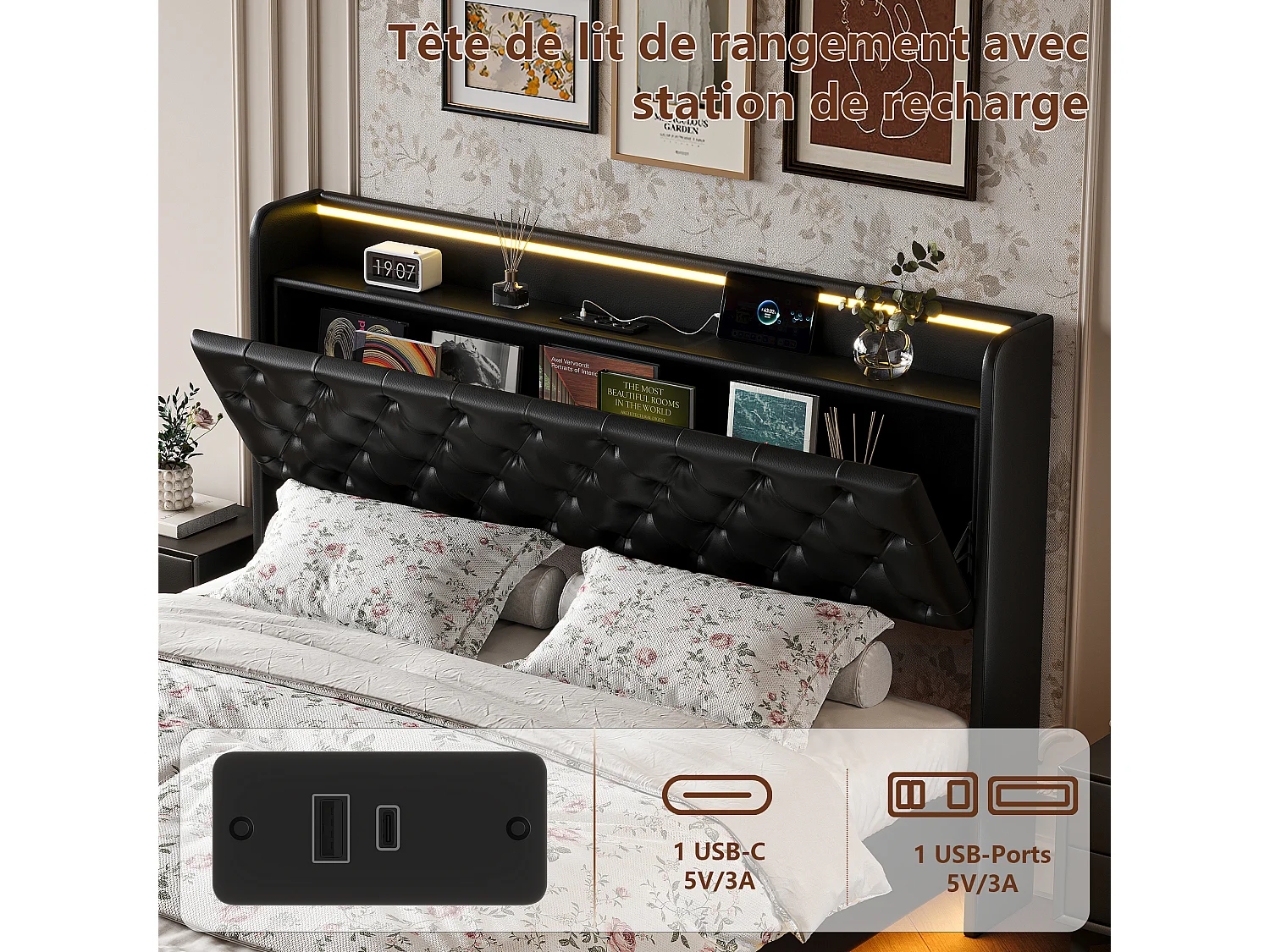 Lit Coffre 140x200 cm avec LED et Port USB, Lits 2 Personnes avec sommier à Lattes, PU, Noir