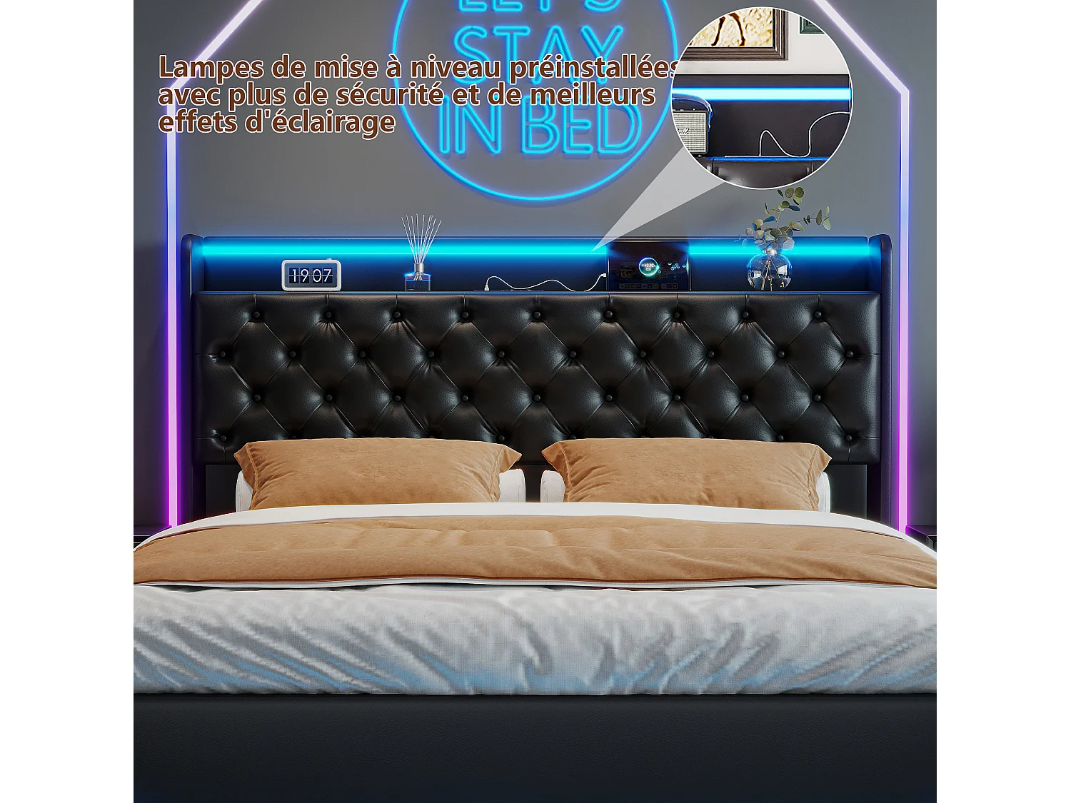 Lit Coffre 140x200 cm avec LED et Port USB, Lits 2 Personnes avec sommier à Lattes, PU, Noir