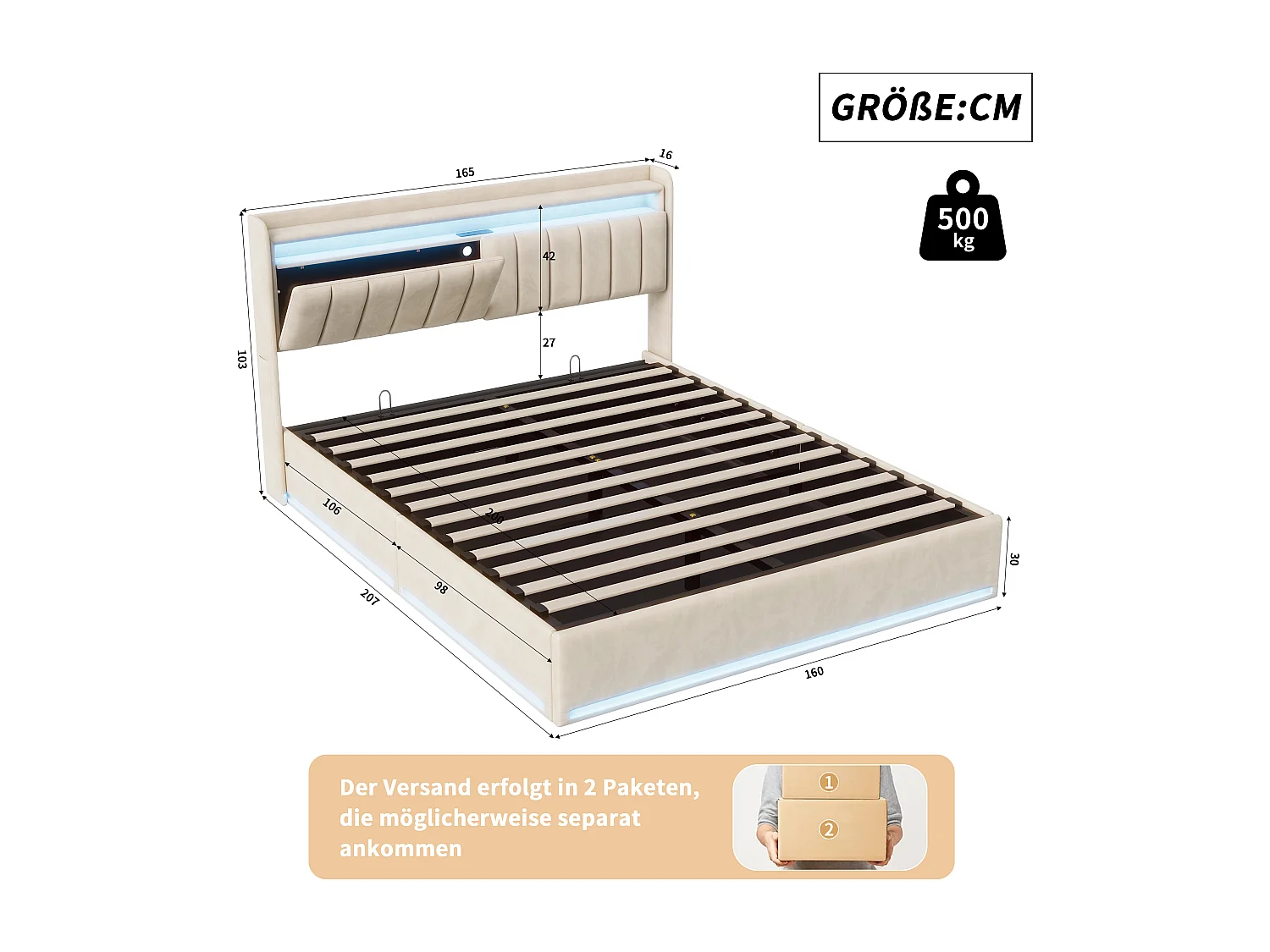 Cama doble tapizada, 160 x 200 cm, con carga USB Tipo-C, espacio de almacenamiento hidráulico e iluminación LED, color beige.