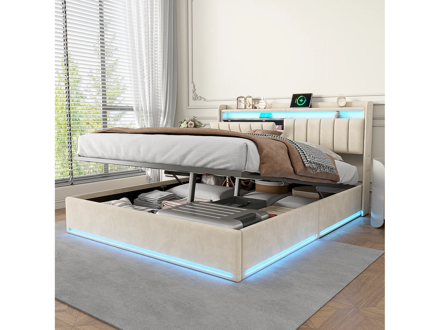 Cama doble tapizada, 160 x 200 cm, con carga USB Tipo-C, espacio de almacenamiento hidráulico e iluminación LED, color beige.