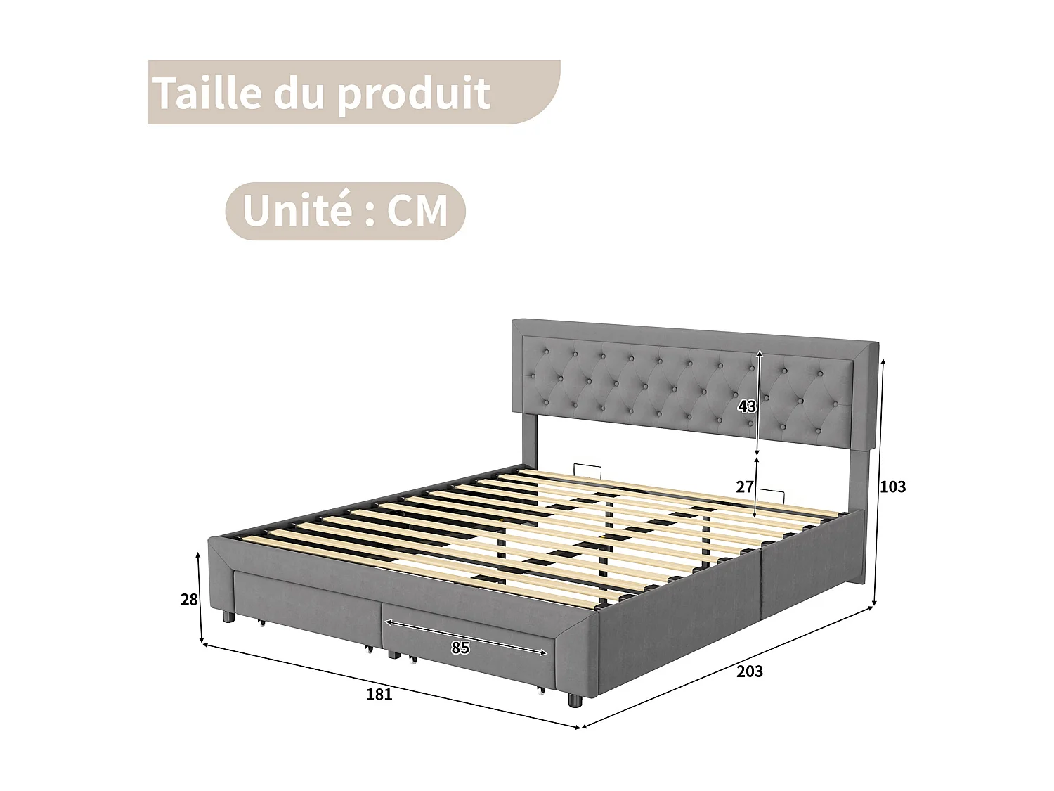 Lit double rembourré, 180 x 200 cm, hydraulique, avec espace de rangement,  sommier à lattes, velours, sans matelas, gris